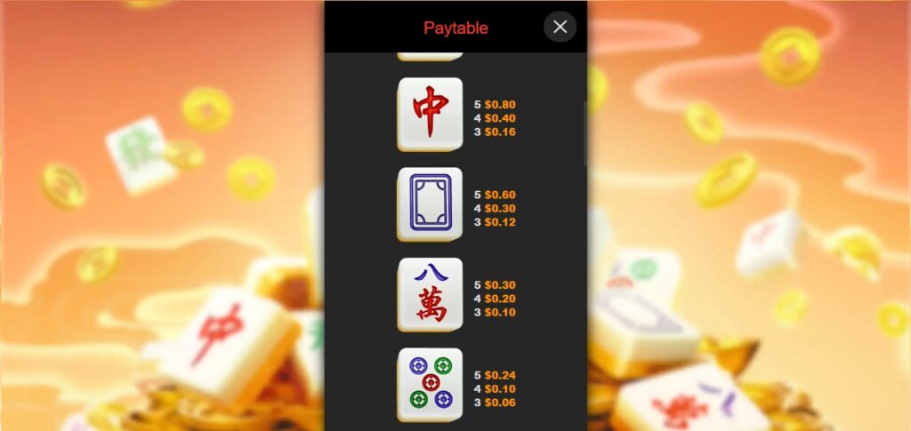 สัญลักษณ์และอัตราการจ่ายเงินรางวัลใน Mahjong Phoenix