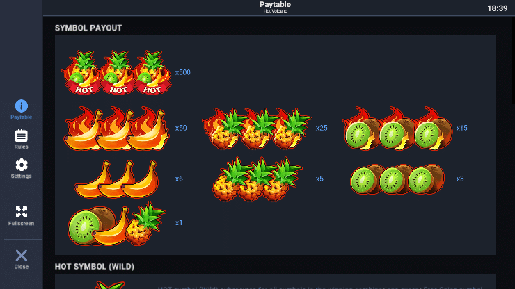 สัญลักษณ์และอัตราการจ่ายเงินรางวัลใน Hot Volcano